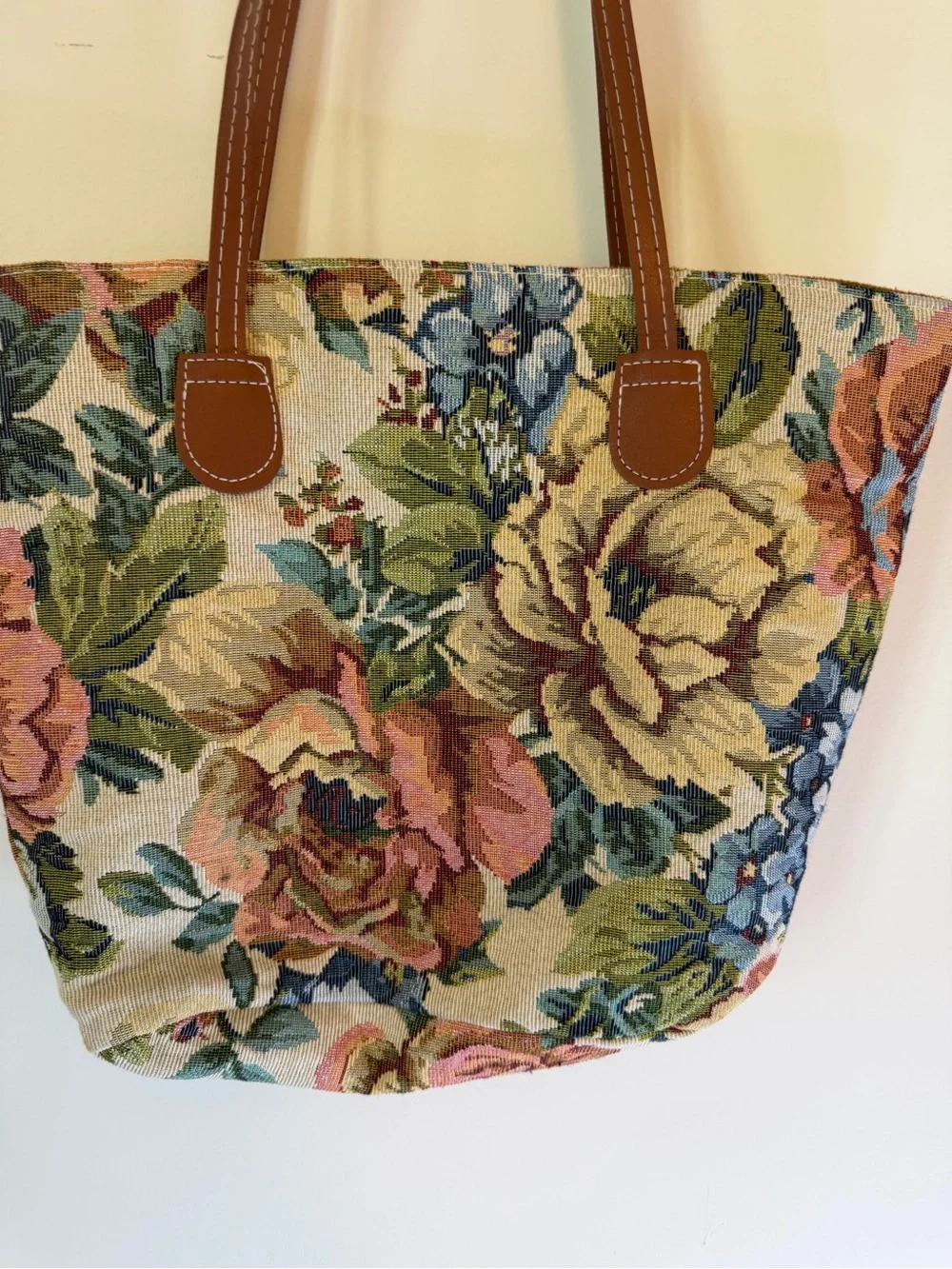 Floral Tapestry Tote Bag with Brown Handles cottagecore vibes